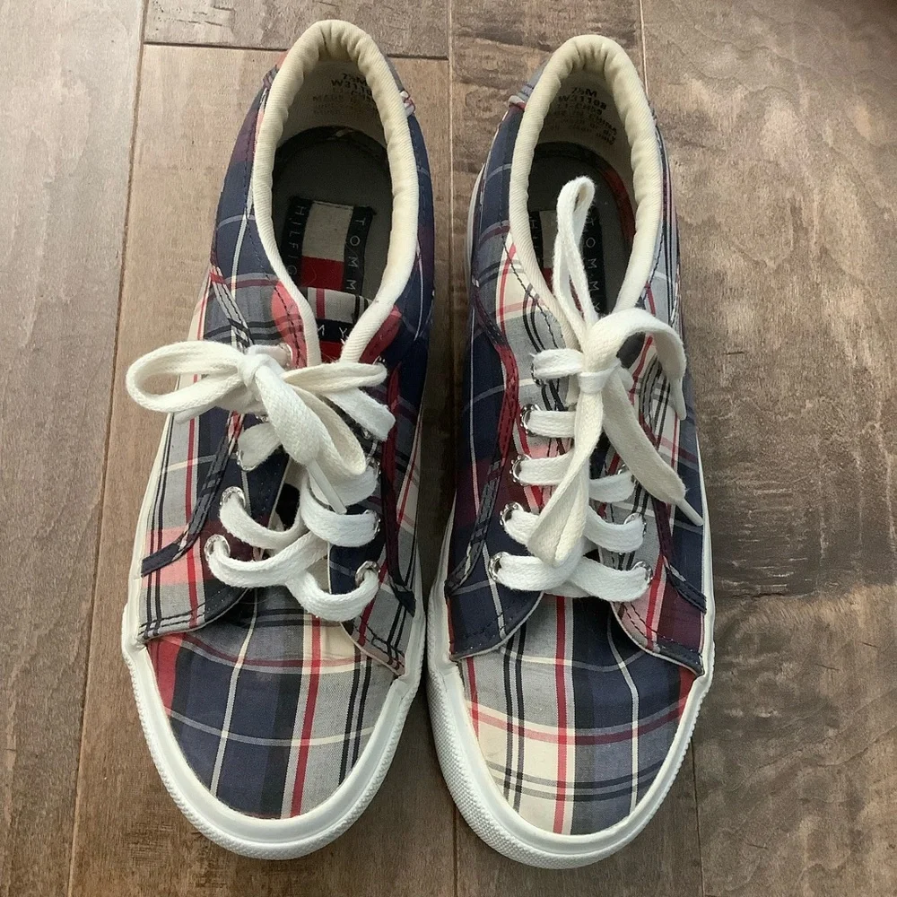 Tommy Hilfiger Red and Blue Plaid Sneakers, 7.5